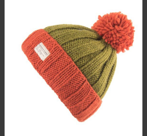 Bobble Hat Moss Yarn With Turn Up - Khaki and Orange