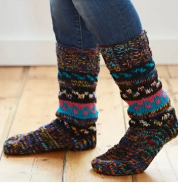 Woollen Fuji Slipper Socks - Black, Pink and Turquoise